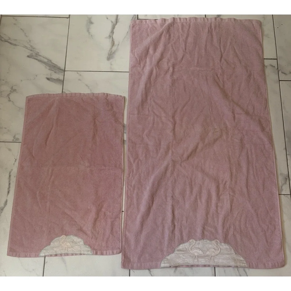 Vintage Fieldcrest Grand Prix Pink Flamingo Bath Hand Towel Set 2 Art Deco